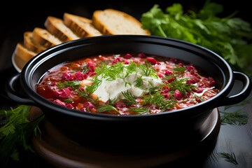 Hearty Traditional Borscht Served with Cream.

A deliciously inviting bowl of traditional borscht garnished with sour cream and fresh dill, accompanied by slices of bread, perfect for culinary themes 