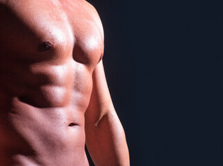 Banner with nude man bare torso. Cropped body of sexy muscular naked gay. Bare abs guy.