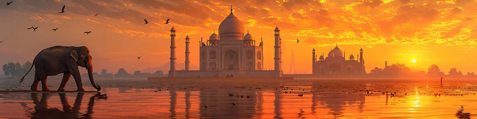 Foto op Aluminium Panorama view of Indian elephant with Taj Mahal at sunset on background. Ancient arab city, east architecture. Happy Independence Day of India. Travel and tourism concept © ratatosk