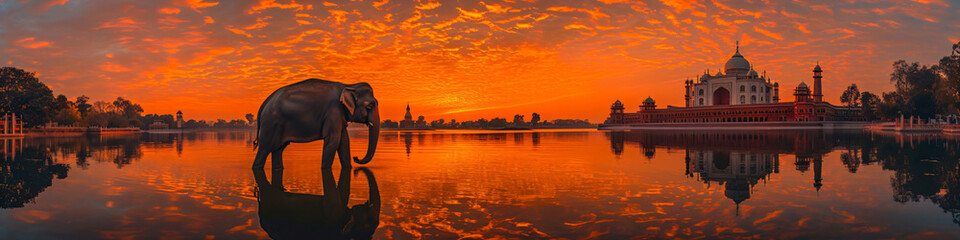 Fototapeta na wymiar Panorama view of Indian elephant with Taj Mahal at sunset on background. Ancient arab city, east architecture. Happy Independence Day of India. Travel and tourism concept