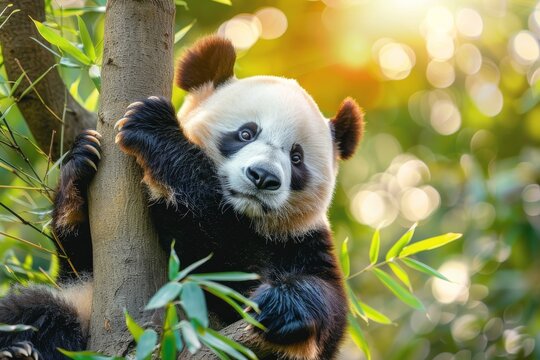 Panda hugging tree trunk