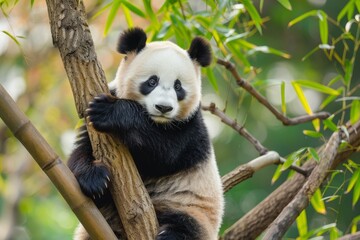 Fototapeta premium Panda hugging tree trunk