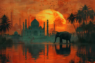 Foto op Aluminium Panorama view of Indian elephant with Taj Mahal at sunset on background. Ancient arab city, east architecture. Happy Independence Day of India. Travel and tourism concept © ratatosk