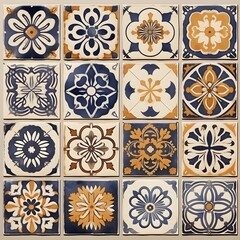 Mediterranean ornament on ceramic tiles, blue and orange colors