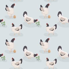 Bezszwowy wzór w kurki na jasnym tle. Kury, jajka i koniczyna. Ilustracja wektorowa.