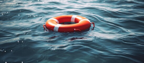 An electric blue lifebuoy is gracefully floating on the liquid surface of a serene lake, ready to provide protection and safety during water recreation activities
