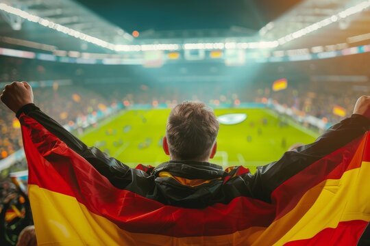 Happy German fan at stadium with flag