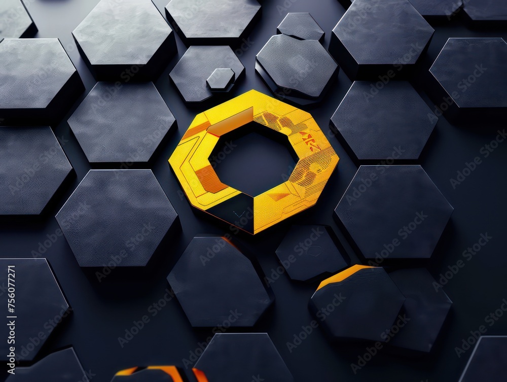 Poster futuristic geometric design with hexagonal patterns, featuring a glowing yellow shape, creating a dy