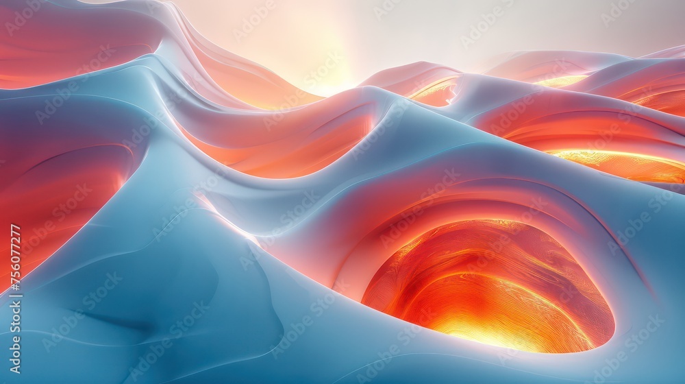 Poster surreal, fluid abstract composition with vibrant red and blue waves, glowing with light, creating a 