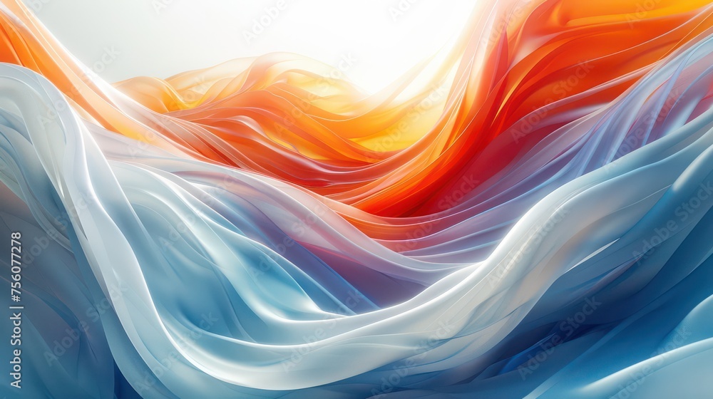 Poster flowing abstract design with smooth, vibrant orange and blue waves, creating a sense of motion and f