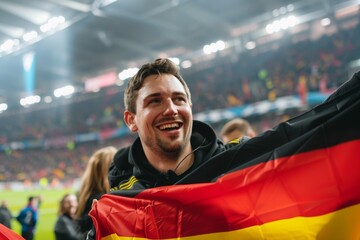 Happy German fan at stadium with flag