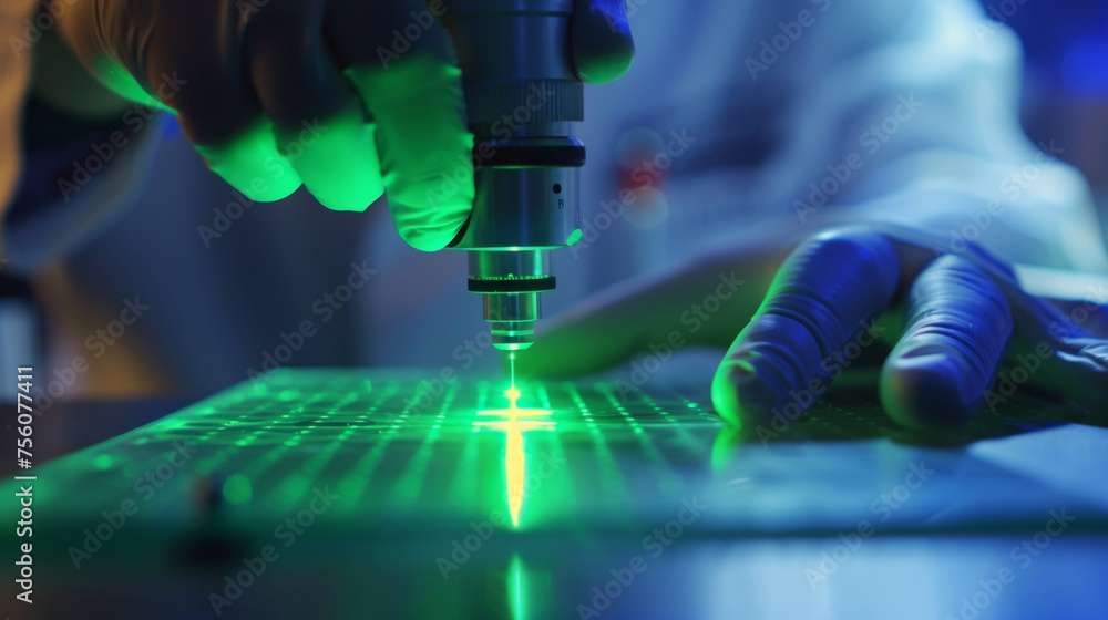 Poster a handson shot of a laboratory technician using a laser ablation technique to etch a material and fo