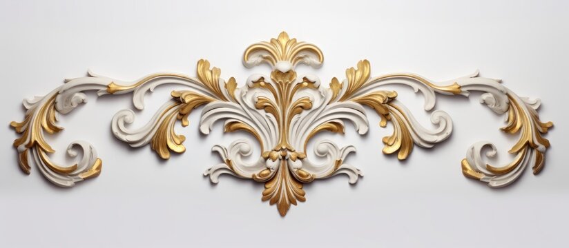 Stucco decoration with gold cartouche on white background