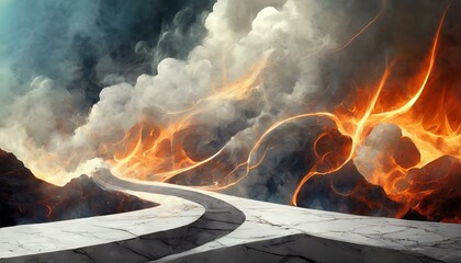 Abstract background with white marble pavement and clouds and smoke with light effects