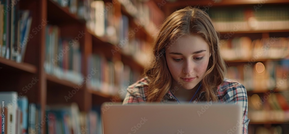 Aufkleber a student sits in a quiet study space with a laptop open in front of them taking advantage of online