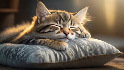Cute and happy cat sleeping on top of a pillow - Powered by Adobe