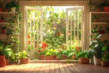 Beautiful garden with flowers and plants in front of the window. Spring background