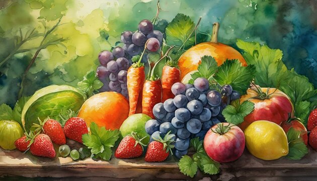 Painting of a beautiful and colorful fruits and vegetables banner background Healthy Food
