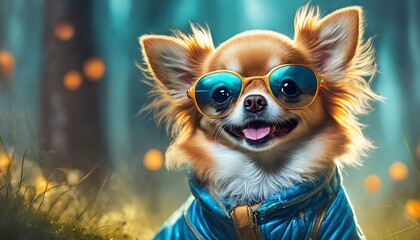 Happy fluffy orange Chihuahua dog wearing blue clothes and sunglasses 