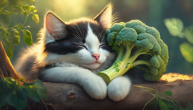 Cute and happy black and white cat sleeping and hugging a broccoli 