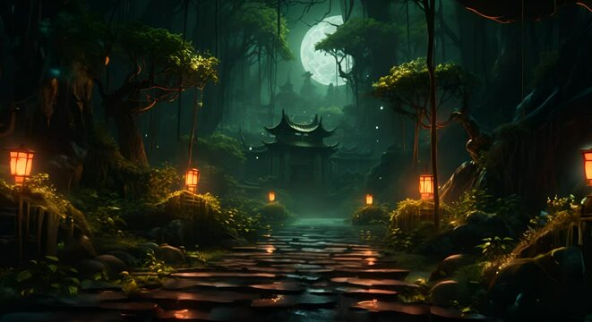 Lantern-lit path through a bamboo forest leading to a mystical temple