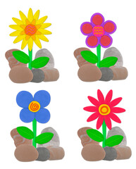 colorful flower and stone made from plasticine on white background