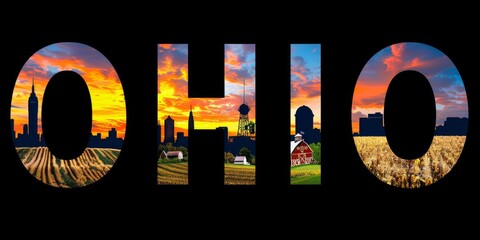 Ohio Lettering with Skyline and Agricultural Imagery, Great for Educational Materials and State Promotion Campaigns