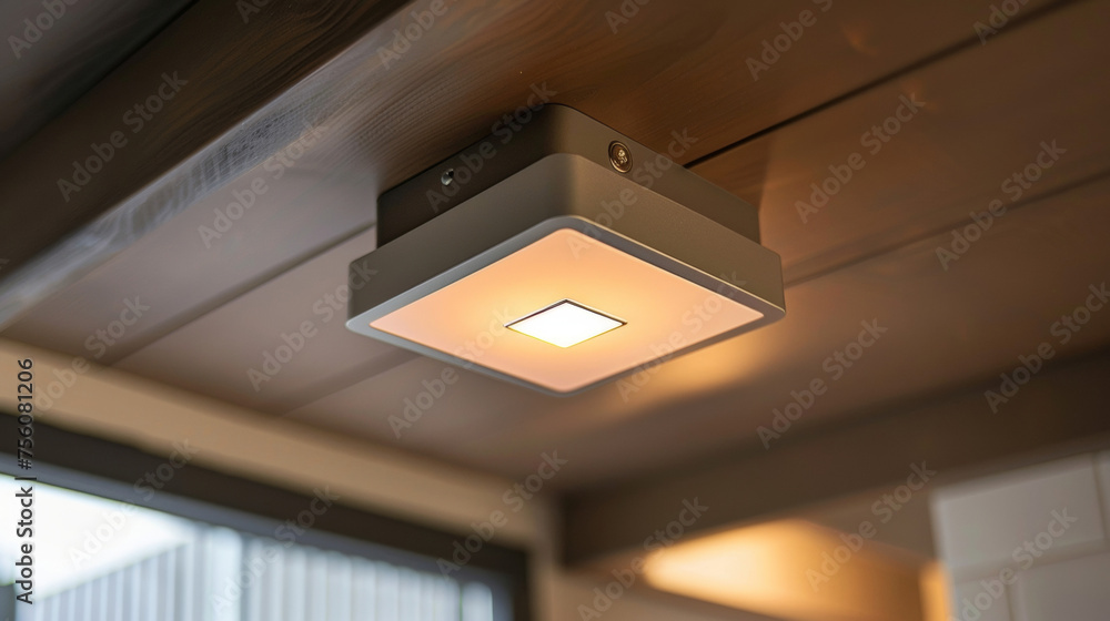 Poster an industrialstyle motion sensor light with a metal body and a large square sensor in the center.