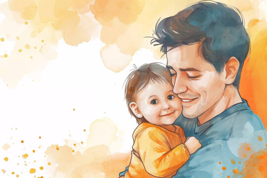 Young man with his little cute baby hugging tightly and happily. Father's Day. Happy family, love and care concept. Watercolor background for greeting card, banner, poster