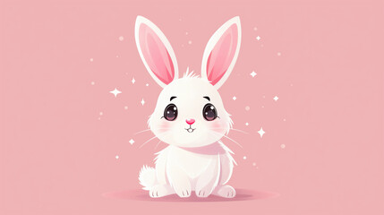Funny white Easter Bunny rabbit with colorful Easter eggs vector illustration, funny abstract pink background