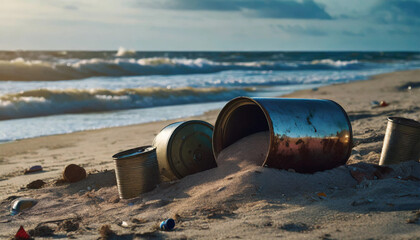 Buried cans, ocean, beach, steel, aluminum, sand, trash, flotsam - obrazy, fototapety, plakaty