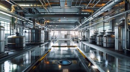 modern pharmaceutical factory interior, chemical drums