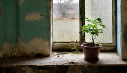 Fototapeta na wymiar A small plant and on a windowsill in a run down room
