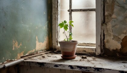A small plant and on a windowsill in a run down room