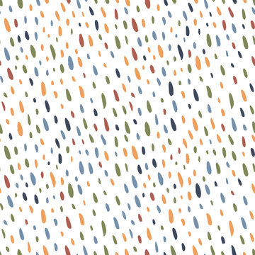 Hand drawn childish seamless pattern with various blots, doodle dots and short lines.