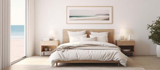 Fototapeta na wymiar Frame mockup in comfy coastal bedroom setting