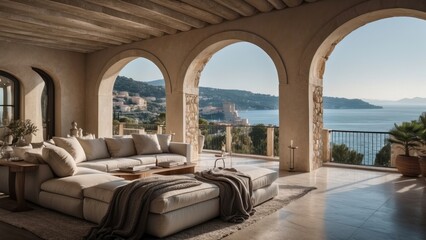 Obraz premium Exquisite mansion perched on the serene shores of the French Riviera, offering sweeping views of the azure Mediterranean and private terraces overlooking the coastal beauty