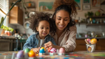 Foto op Aluminium Diverse Easter Family traditions. young mother teaching happy little kids to decorate eggs with paints for the Easter holidays, Afro American mam with kid © Fokke Baarssen