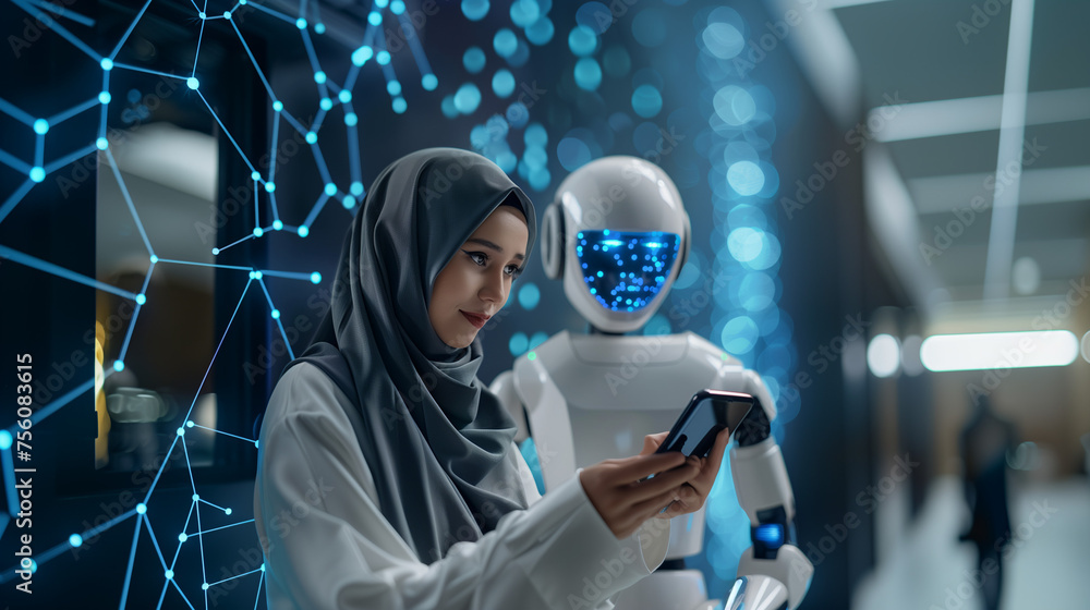 Poster arabic women with robot, artificial intelligence digital chatbot, chat gpt, robot application, conve