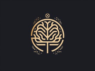 tree and a maze, brain simple logo design, symbol of a tree and a digital maze, black background