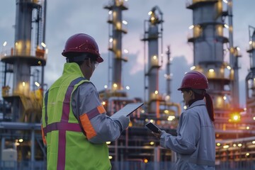 engineers in uniform walk and holding tablet checking in oil refinery field