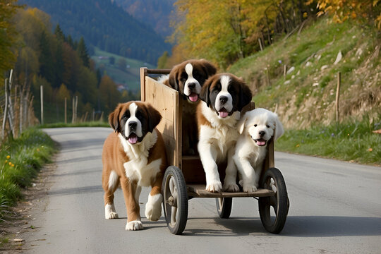  Saint Bernard Dog with three puppies in cart on a coun.Generative ai