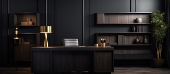 Dark executive office interior featuring a workspace desk, storage sideboard with documents and decorations, office supplies, lamp, and a mockup canvas poster