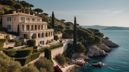 Naklejka na ściany i meble Exquisite mansion perched on the serene shores of the French Riviera, offering sweeping views of the azure Mediterranean and private terraces overlooking the coastal beauty