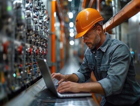 man on a laptop with orange hard hat, working in factory 