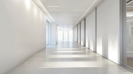  wide empty white wall in a hallway in a modern office, bright natural light, neutral tones