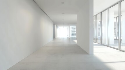  wide empty white wall in a hallway in a modern office, bright natural light, neutral tones