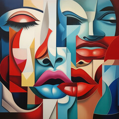 This painting captures a dynamic cubist fusion of facial features, accentuated by bold colors