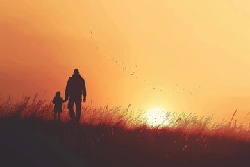 Silhouette of dad and child walking together in sunset. Father's Day.Happy family, love and care concept. Background for greeting card, banner, poster - obrazy, fototapety, plakaty