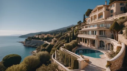 Papier Peint photo autocollant Europe méditerranéenne Exquisite mansion perched on the serene shores of the French Riviera, offering sweeping views of the azure Mediterranean and private terraces overlooking the coastal beauty